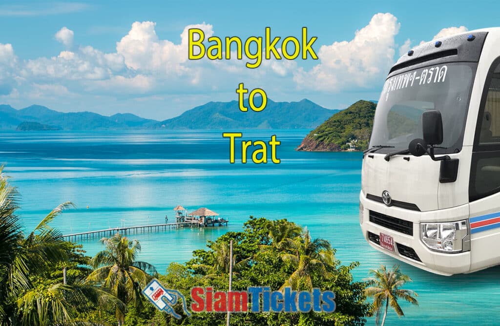 Advertising image for SiamTickets showcasing bus travel from Bangkok to Trat, with a beautiful coastal view of the sea and islands, and a modern white bus in the foreground.