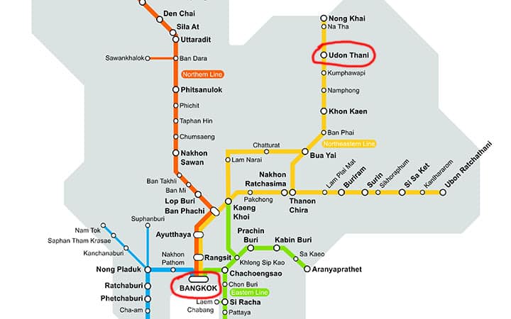 Map of Thailand highlighting the train route from Bangkok to Udon Thani on the Northeastern Line.