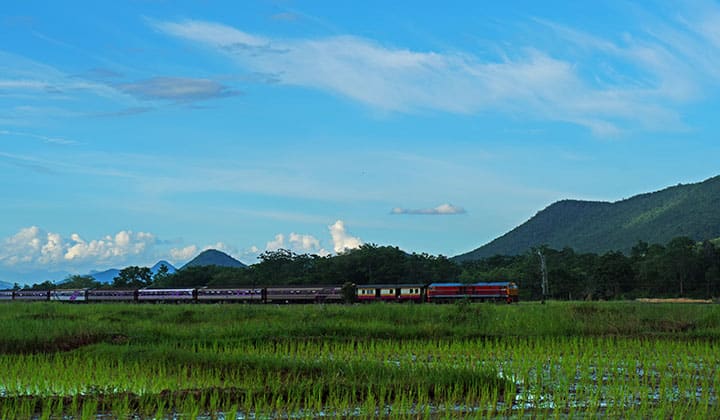 Locomotive Express Train traveling through lush green rice fields under a blue sky with clouds in Chiang Mai, Thailand, showcasing the country's beautiful agricultural landscape.