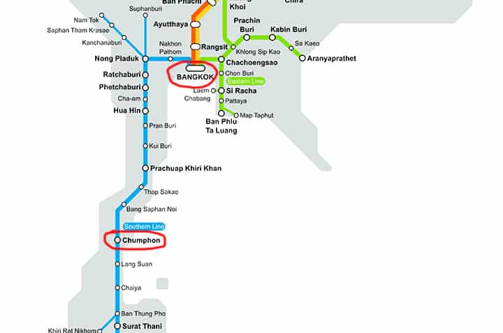 Rail network map of Thailand highlighting the Southern Line from Bangkok to Chumphon.