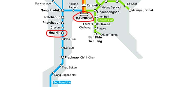 Map of Thailand's railway network showing the route from Bangkok to Hua Hin.