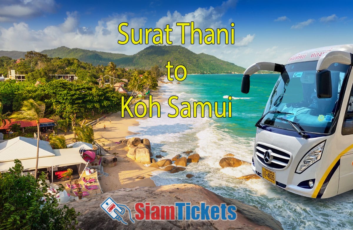 Coastal view of Lamai Beach in Koh Samui from a viewpoint, with a shuttle van foreground representing travel from Surat Thani.