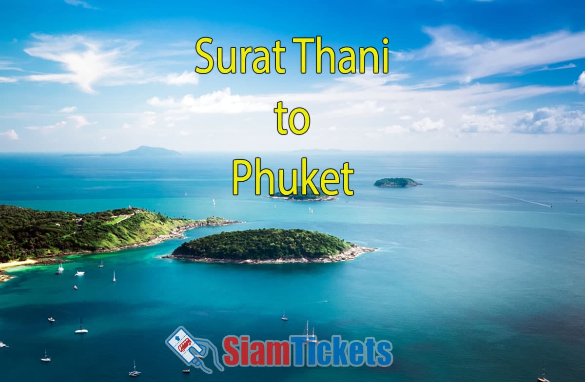 Aerial view of the blue waters and lush green islands near Phuket, Thailand, with boats dotting the sea.