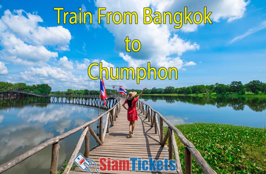 Young Asian woman walking on a wooden bridge crossing a river under a blue sky with clouds in Chumphon Province, Thailand.

