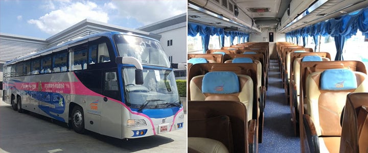 Exterior and interior views of a Transport CO VIP bus in Thailand, featuring three rows of plush seating.