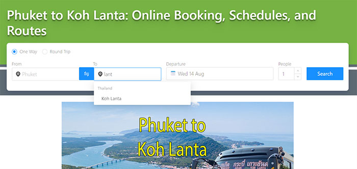 SiamTickets booking interface for Koh Lanta to Ao Nang travel