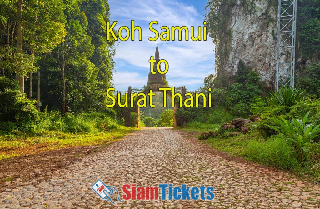 Travel route banner from Koh Samui to Surat Thani on SiamTickets.com, highlighting the serene Khao Na Nai Luang Dharma Park at sunrise in Surat Thani, Thailand.