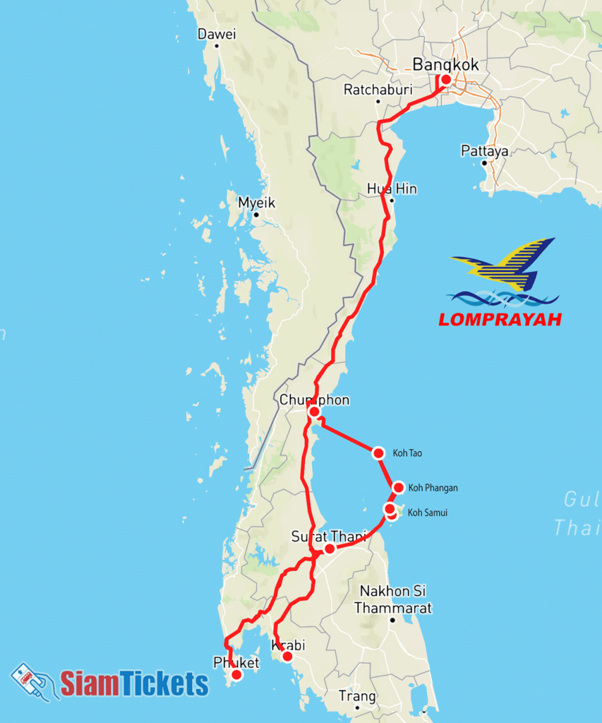 Map showing Lomprayah Ferry routes in Thailand on SiamTickets.com, with marked stops including popular islands and coastal cities.