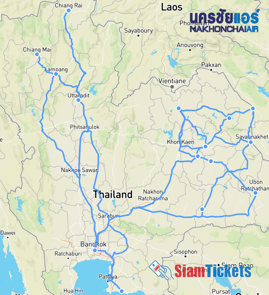 Map of Thailand showcasing Nakhonchai Air bus routes on SiamTickets.com, highlighting various cities and connections across the region.