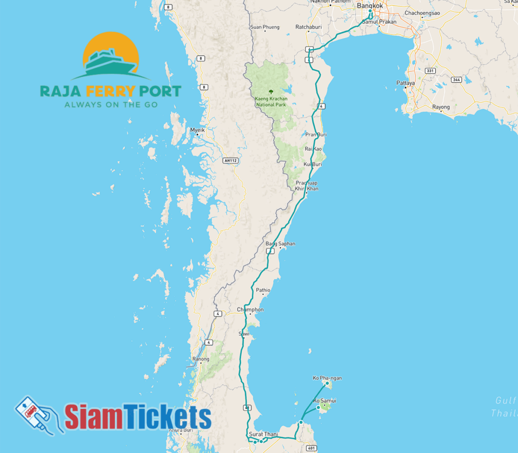 Map of Raja Ferry Port routes on the SiamTickets booking website, highlighting coastal connections in Thailand.