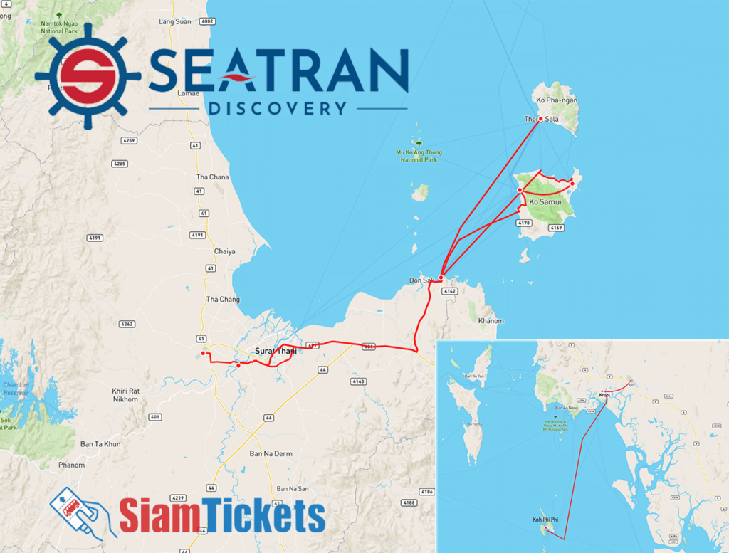 Map showing Seatran Discovery ferry routes in Thailand, as featured on SiamTickets.com.