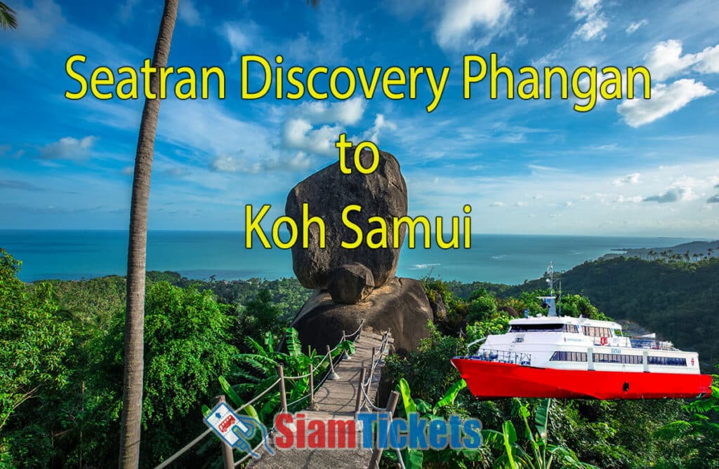 Advertisement for Seatran Discovery ferry service from Koh Phangan to Koh Samui.