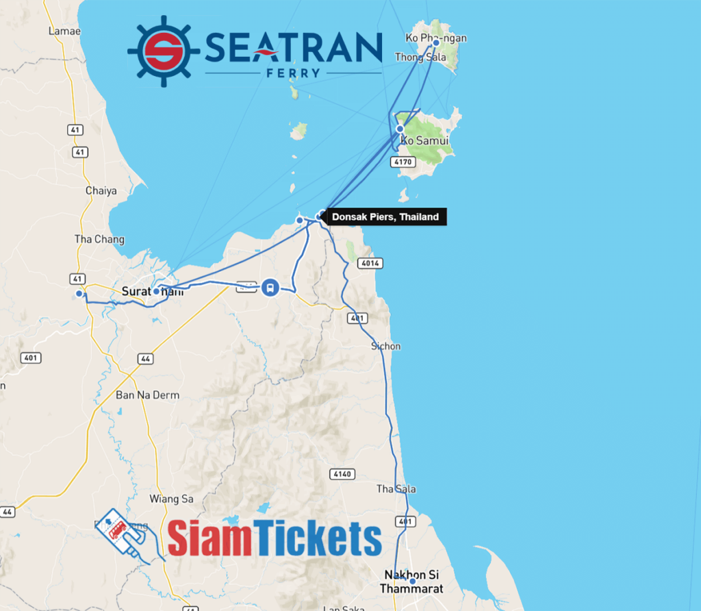 Seatran Ferry route map from Donsak Piers to Koh Samui and Koh Phangan on SiamTickets.