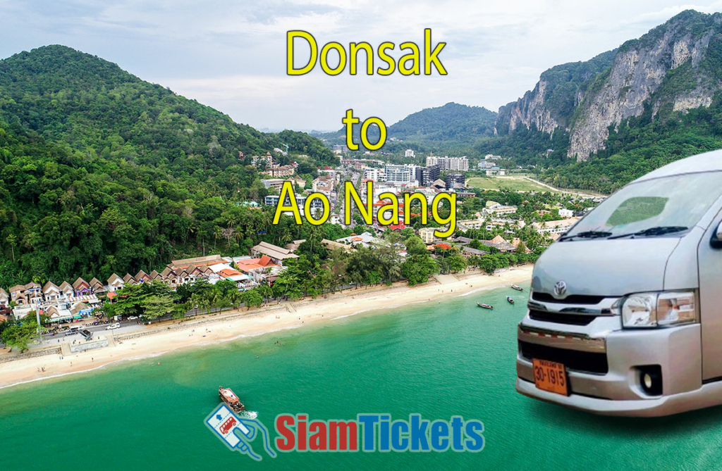 Promotional image for transportation from Donsak to Ao Nang featuring a white van in the foreground and a scenic view of Ao Nang beach and surrounding cliffs.