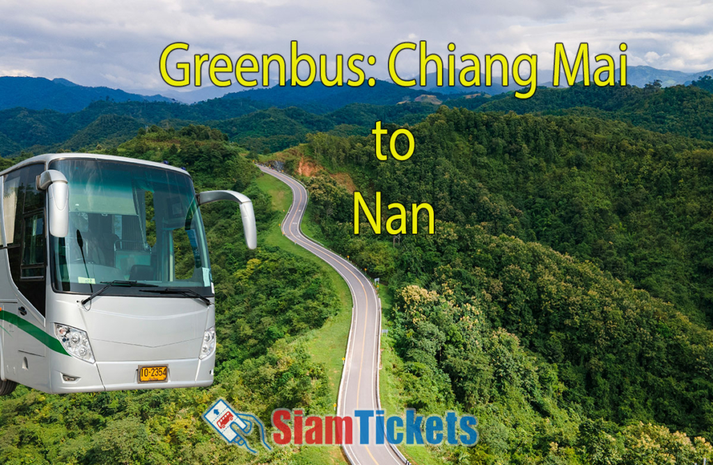 Aerial view of Sky Road in Nan Province, Thailand, with a lush green forest and a winding road. A silver Greenbus is featured in the foreground, highlighting the travel route from Chiang Mai to Nan.