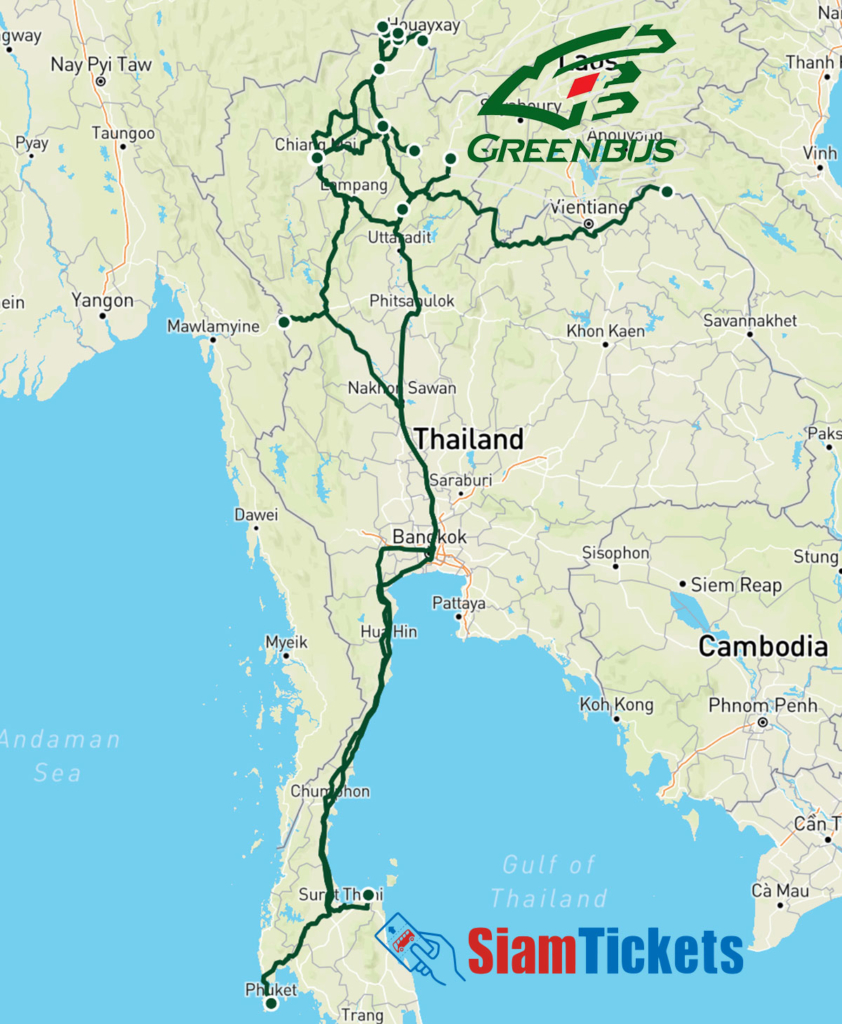 Map of Thailand showing GreenBus routes with a prominent GreenBus logo in the top right, and the SiamTickets logo at the bottom left.