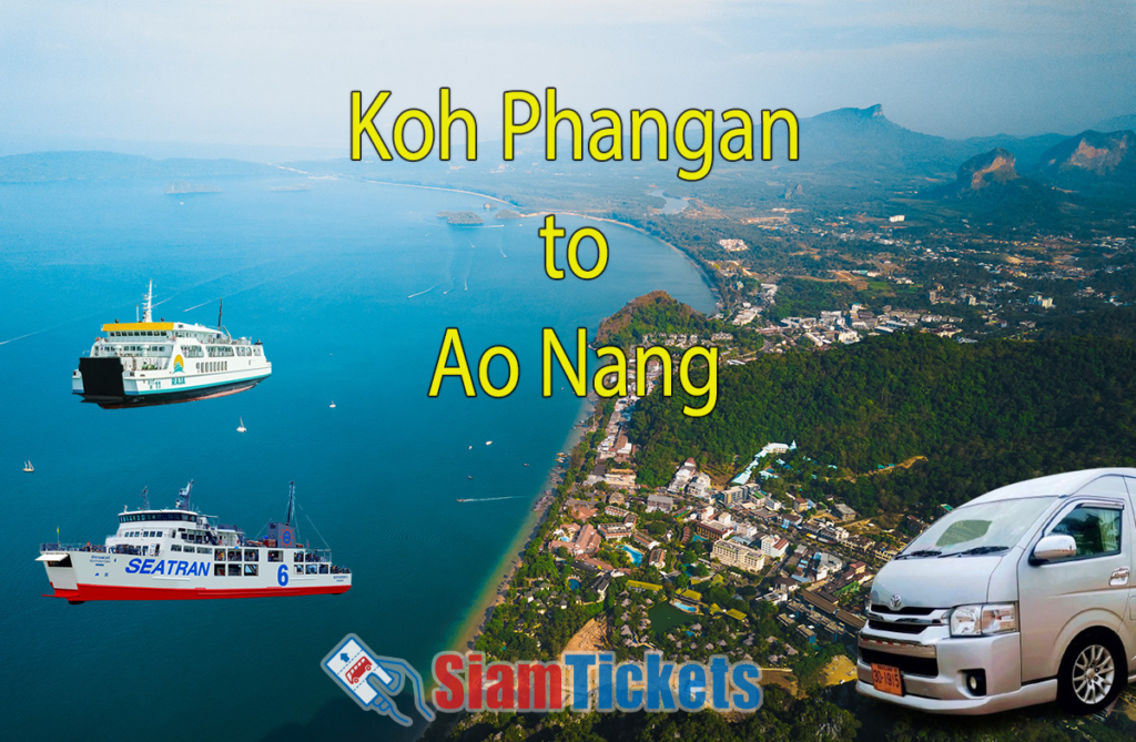 Illustrative image showcasing the travel options from Koh Phangan to Ao Nang, featuring a ferry boat and a van.