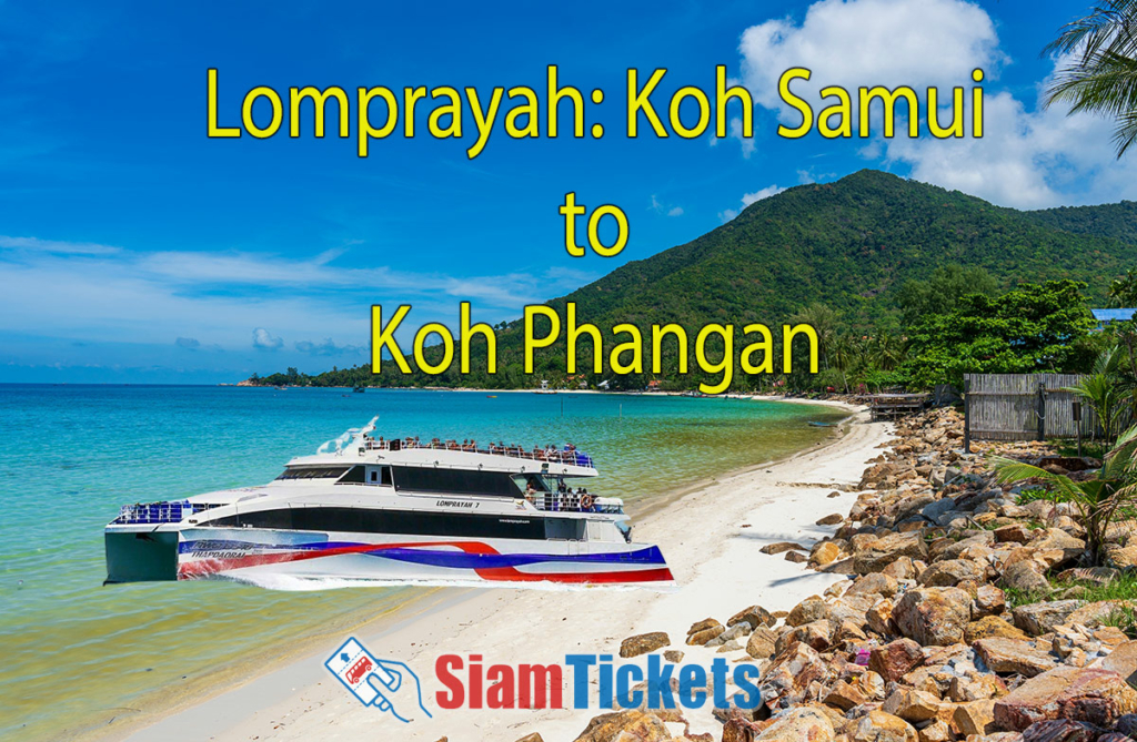 Beautiful tropical sand beach with rocks and clear blue water on Koh Phangan island, Thailand, with a Lomprayah catamaran ferry in the foreground.