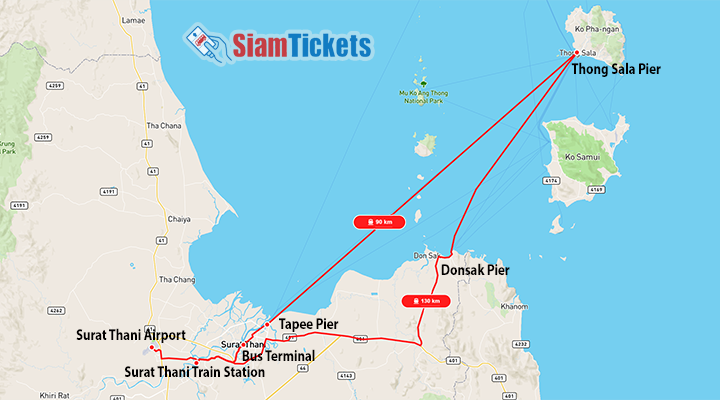 Map showing Lomprayah ferry routes and travel connections between Surat Thani and Koh Phangan with Siam Tickets logo.