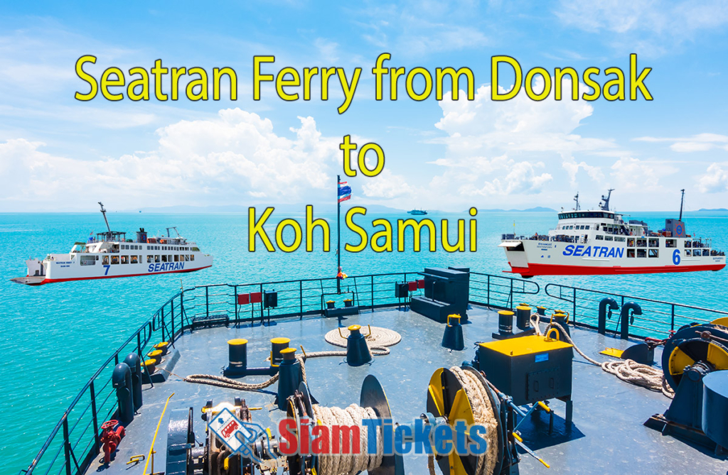 Promotional image for Seatran Ferry service from Donsak to Koh Samui featuring two ferries on a calm sea and the deck of a Seatran ferry.