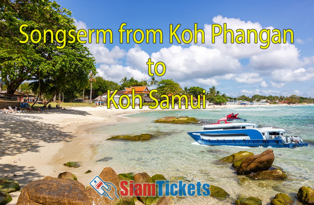 Crystal Bay Beach on Koh Samui with an image of a Songserm ferry. Text reads 'Songserm from Koh Phangan to Koh Samui' with Siam Tickets logo.