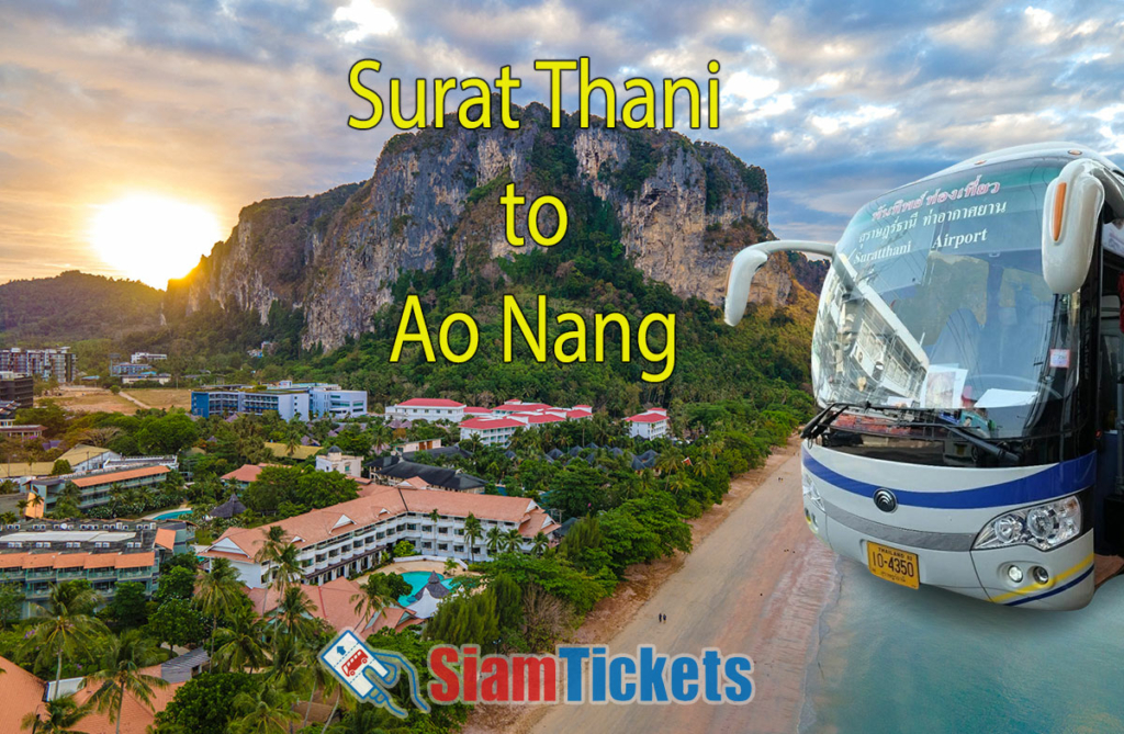 Promotional image for Phantip bus service from Surat Thani to Ao Nang, featuring a modern bus with a scenic sunset over Ao Nang's distinctive limestone cliffs and beachfront.