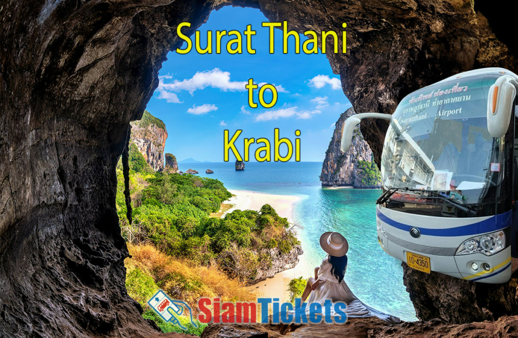 Promotional image for bus travel from Surat Thani to Krabi featuring a modern bus, a woman viewing a scenic beach from a cave, and the iconic Krabi coastline.