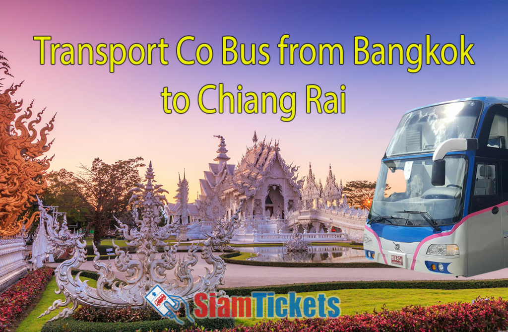 Promotional image for Transport Co Bus services from Bangkok to Chiang Rai, featuring the White Temple (Wat Rong Khun) in Chiang Rai at sunset and a modern bus on the right.