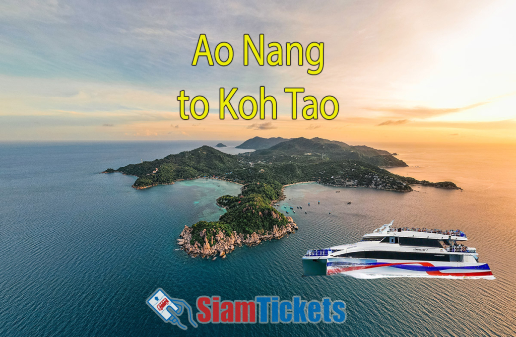 Aerial view of Koh Tao island with Lomprayah catamaran ferries in the foreground and text overlay "Ao Nang to Koh Tao" in yellow.