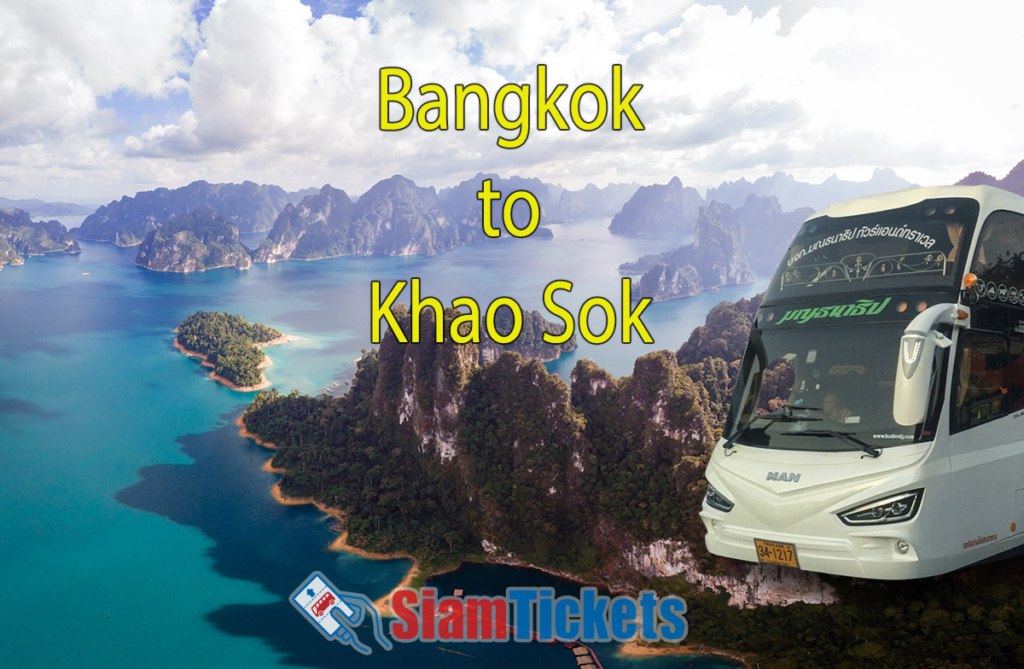 Illustrative image showcasing the travel options from Bangkok to Khao Sok National Park, featuring a Montanatip bus.