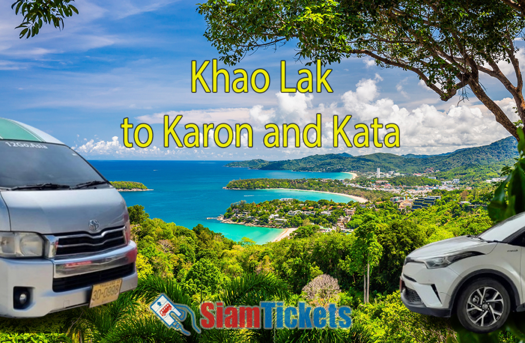 Featured image for an article about traveling from Khao Lak to Karon and Kata by van and taxi, showing a panoramic view of Karon, Kata, and Kata Noi beaches with a van and a taxi in the foreground.