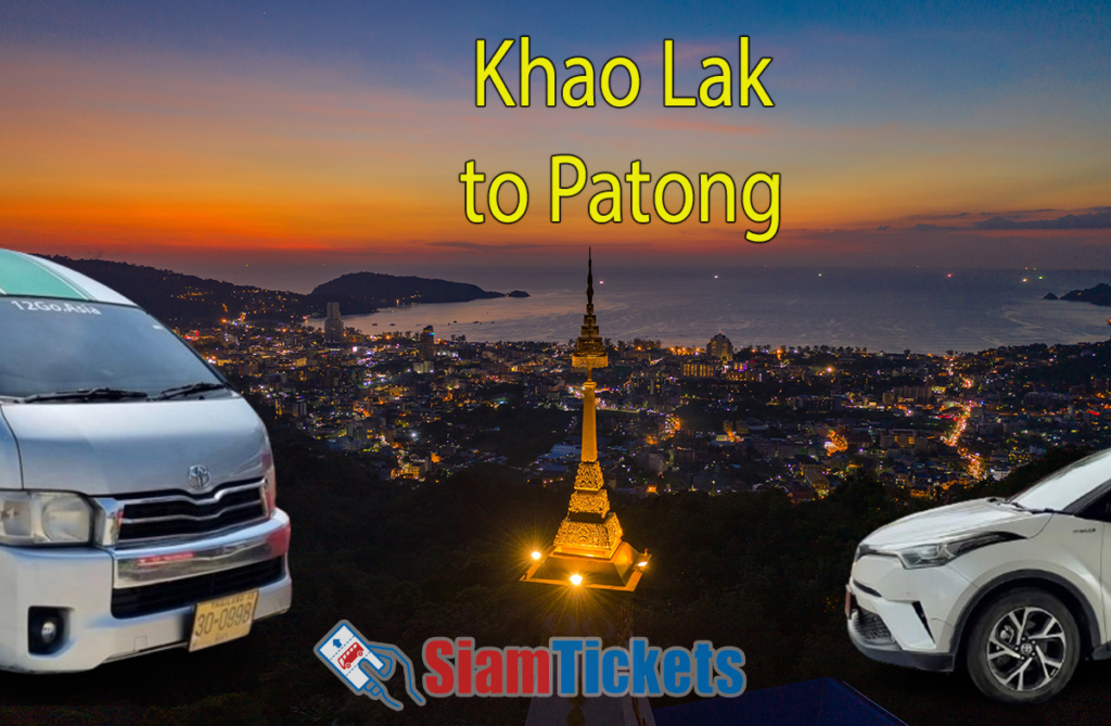 Featured image for an article about traveling from Khao Lak to Patong by van and taxi, showing an aerial view of Patong at sunset with a van and a taxi in the foreground.