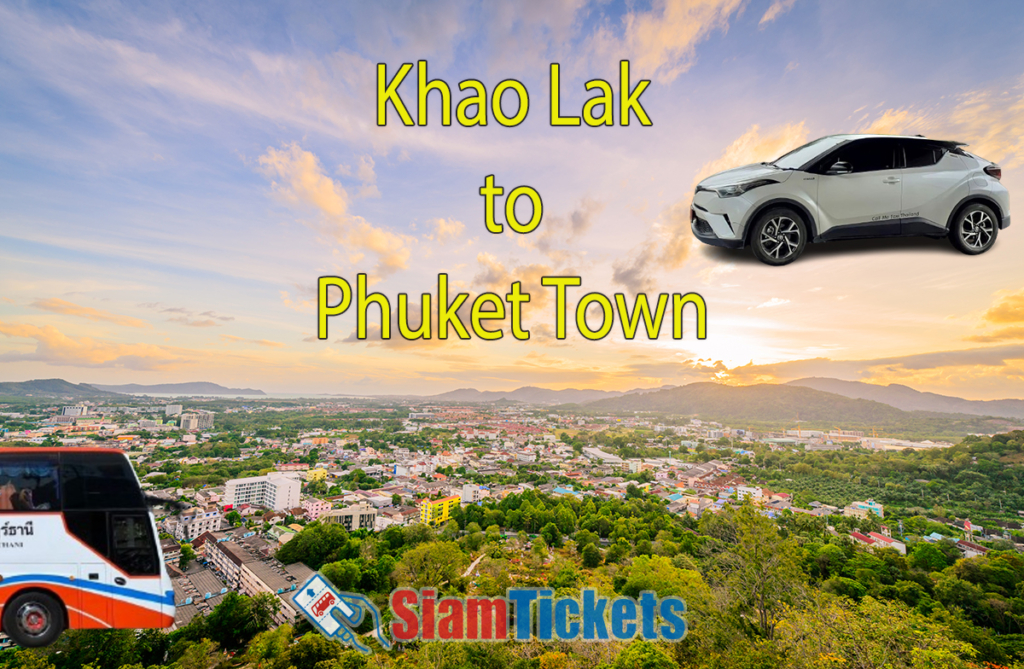 Featured image for an article about traveling from Khao Lak to Phuket Town by van and taxi, showing an aerial view of Phuket Town with a van and a taxi in the foreground.