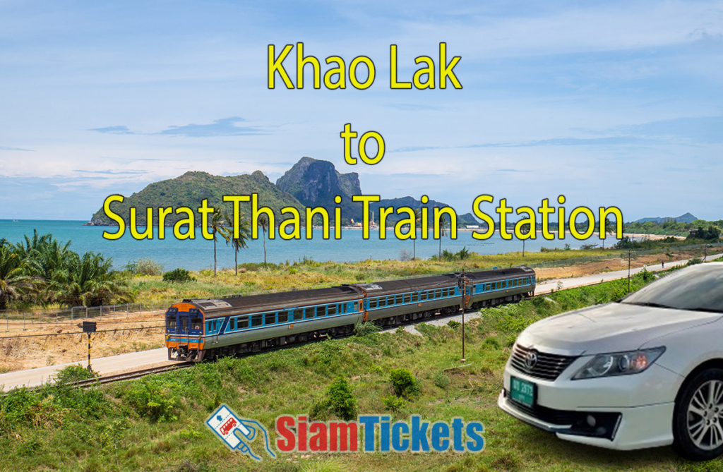 Featured image for an article about traveling from Khao Lak to Surat Thani Train Station by van and taxi, showing a train traveling along the coastline with a van and a taxi in the foreground.