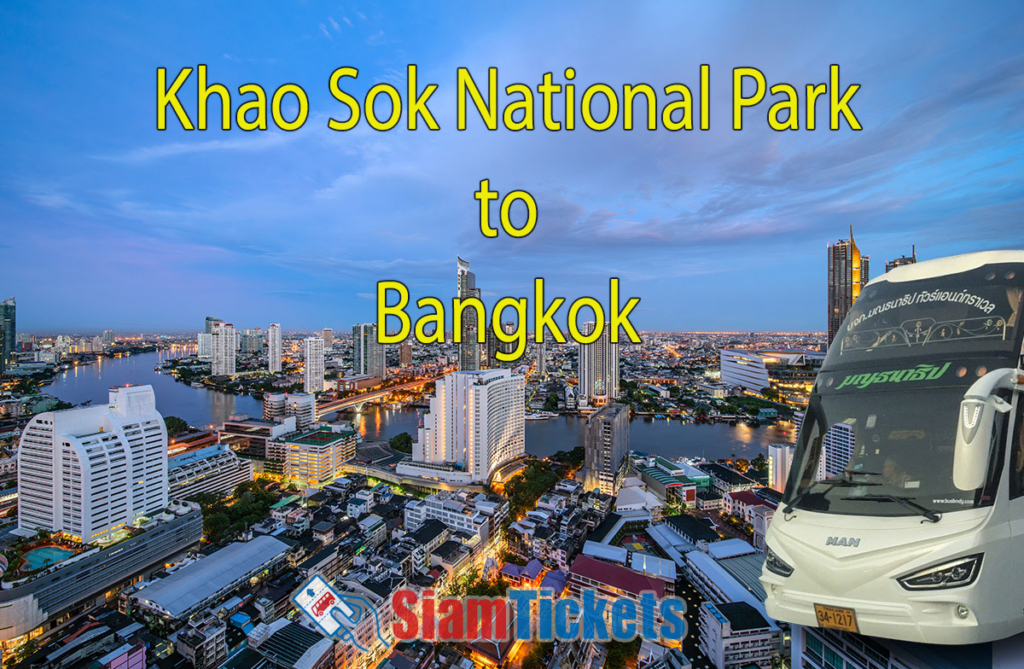 Illustrative image showcasing the travel options from Khao Sok National Park to Bangkok, featuring a Montanatip bus.