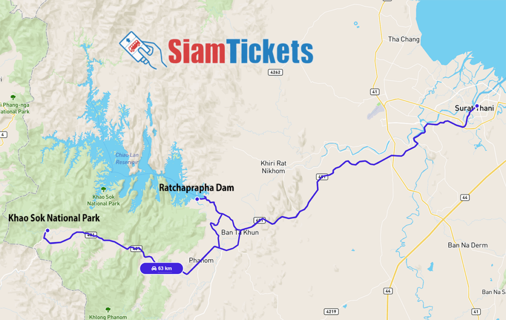 Map illustrating the travel route between Ratchaprapha Dam, Surat Thani, and Khao Sok National Park.