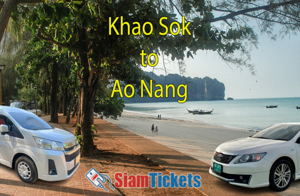 Featured image for an article about traveling from Khao Sok to Ao Nang by van and taxi, showing Ao Nang Beach with a van and a taxi in the foreground.