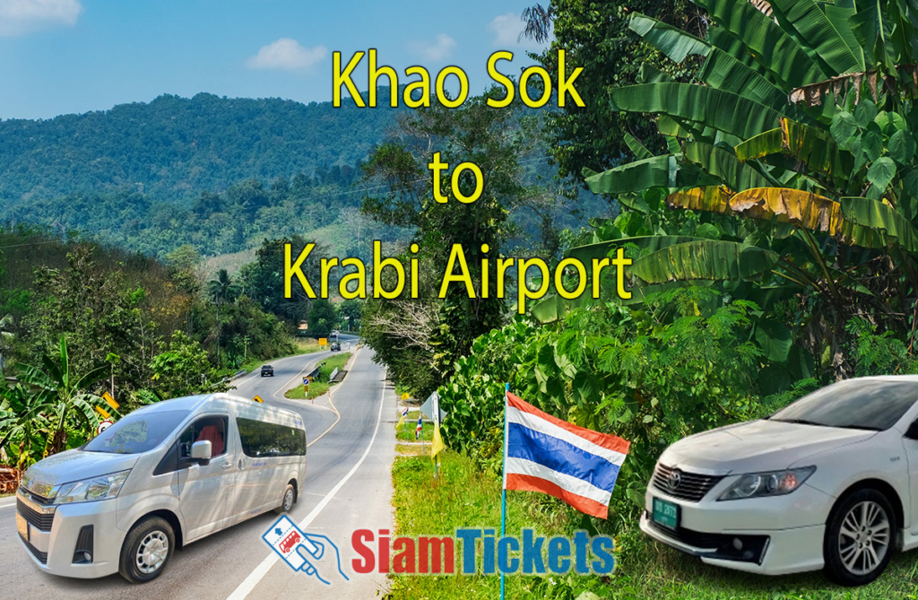 Featured image for an article about traveling from Khao Sok to Krabi Airport by van and taxi, showing a road through lush greenery with a van and a taxi in the foreground.