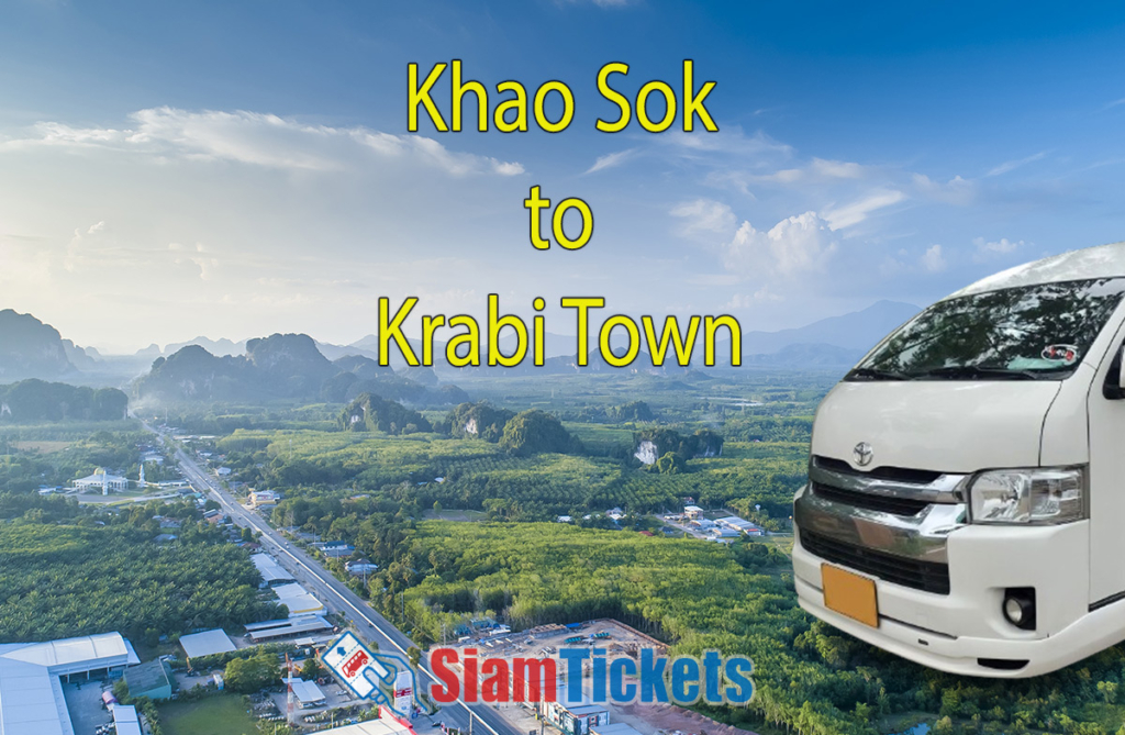 Featured image for an article about traveling from Khao Sok to Krabi Town by van and taxi, showing a road through the outskirts of Krabi Town with a van in the foreground.