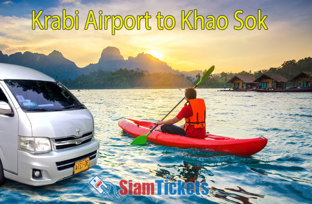 Featured image for an article about traveling from Krabi Airport to Khao Sok, showing a man kayaking on a lake with a van in the foreground.