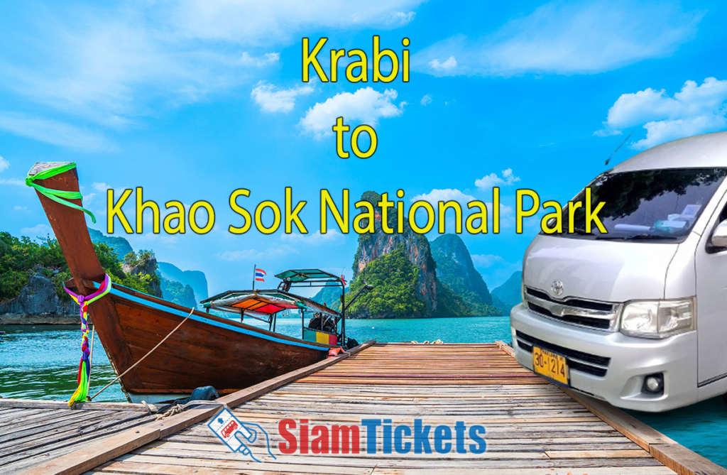 Featured image for an article about traveling from Krabi to Khao Sok National Park, showing a traditional longtail boat on a dock with a van in the foreground.