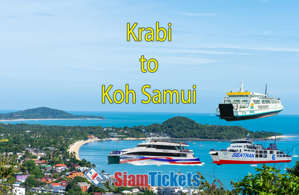 Featured image for an article about traveling from Krabi to Koh Samui by ferry, showing a birds-eye view of Bophut Beach in Koh Samui with Lomprayah, Raja, and Seatran ferries in the foreground.