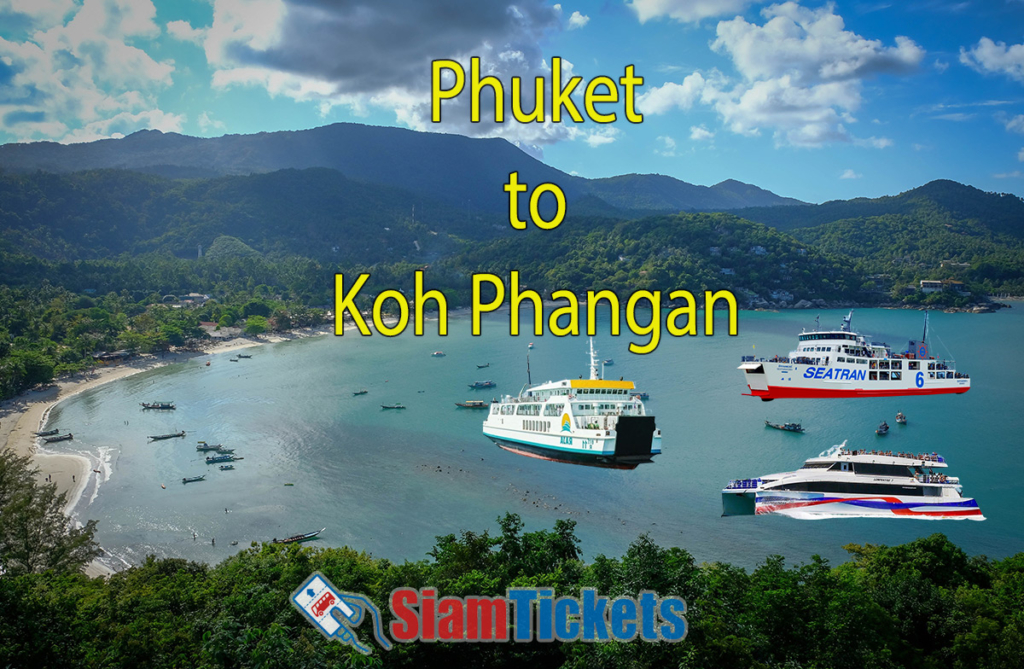 Featured image for an article about traveling from Phuket to Koh Phangan, showing Thong Nai Pan Bay with Raja, Seatran, and Lomprayah ferries in the foreground.