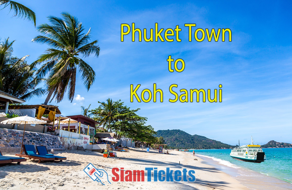 Featured image for an article about traveling from Phuket Town to Koh Samui, showing a beach in Koh Samui with a Raja ferry in the foreground.