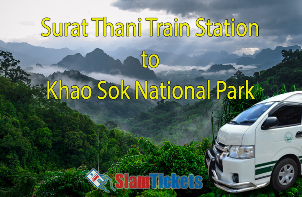 Illustrative image showcasing the travel options from Surat Thani Train Station to Khao Sok National Park, featuring a van.