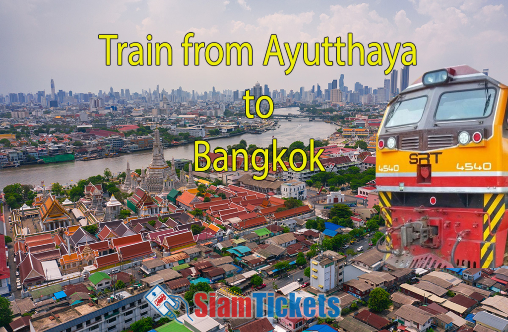 Featured image for an article about traveling from Ayutthaya to Bangkok by train, showing an aerial view of Wat Arun and the Bangkok cityscape with a train in the foreground.