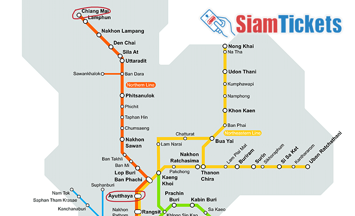 Map illustrating train routes in Thailand, highlighting the Northern Line from Ayutthaya to Chiang Mai.