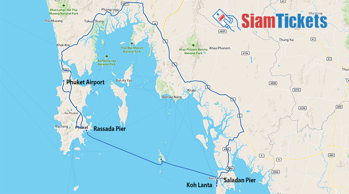 Travel map from Phuket Airport to Koh Lanta featuring routes by taxi and van plus speedboat with a transfer at Rassada Pier. Key points marked include Phuket Airport, Rassada Pier, and Saladan Pier. The map includes the SiamTickets logo at the top right corner.