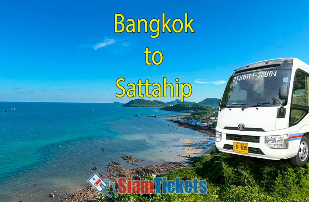 Bus on coastal road with 'Bangkok to Sattahip' text and SiamTickets logo