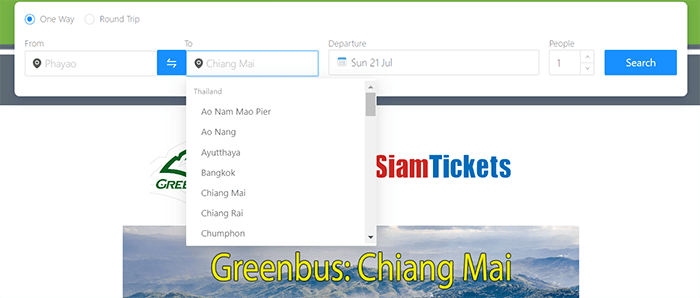 SiamTickets booking interface for Greenbus to Chiang Mai